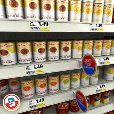 3D Model of Grocery shelves stocked with low poly soup products - 3D Render 7